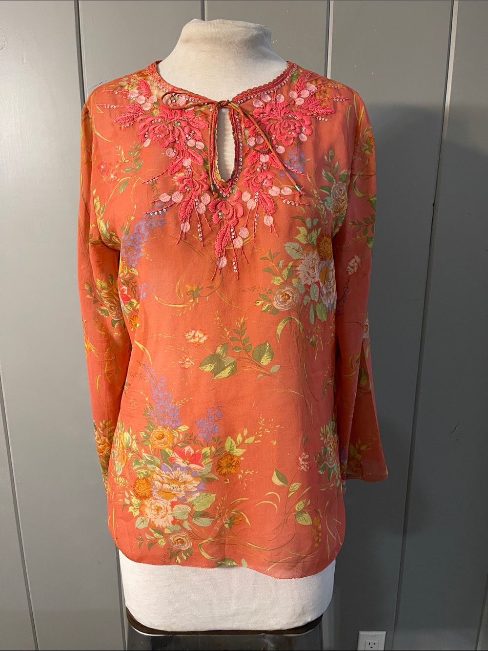 CABi Silk Blouse Orange Floral Embroidered Boho Hippie Artsy Whimsical Fairy